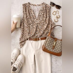 Calvin Klein Beige and Brown Leopard Print Sleeveless Blouse